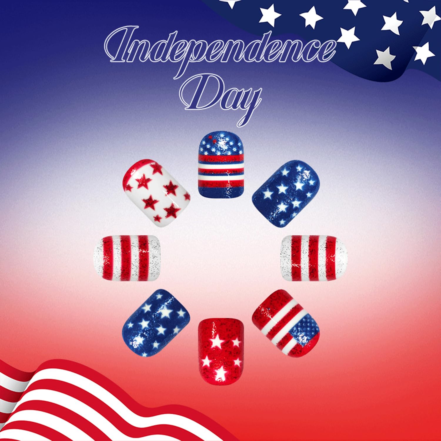 Spebozy worn on hand short square nails showing instant patriotic look for events