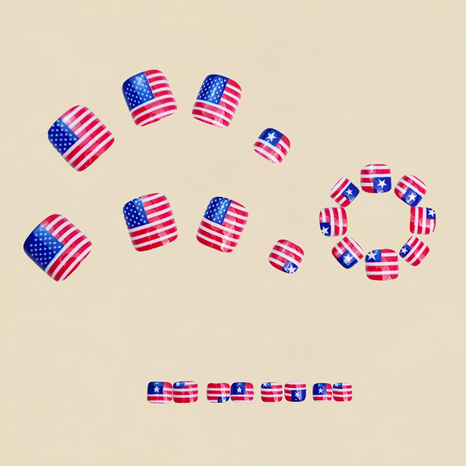 Spebozy arranged 24 nails showing red white blue designs for quick selection