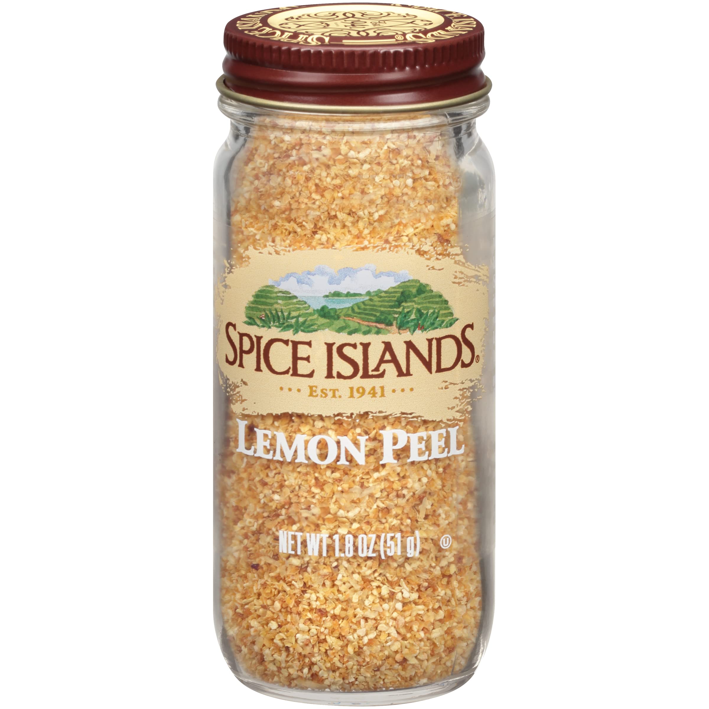 Spice Islands jar front view showing label and sealed lid, clear citrus benefit