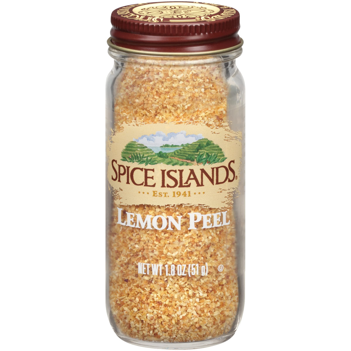 Spice Islands jar front view showing label and sealed lid, clear citrus benefit