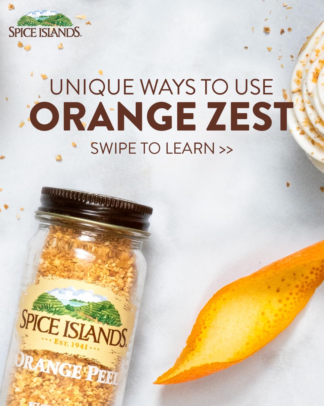Spice Islands close-up of dried orange peel texture for intense citrus flavor