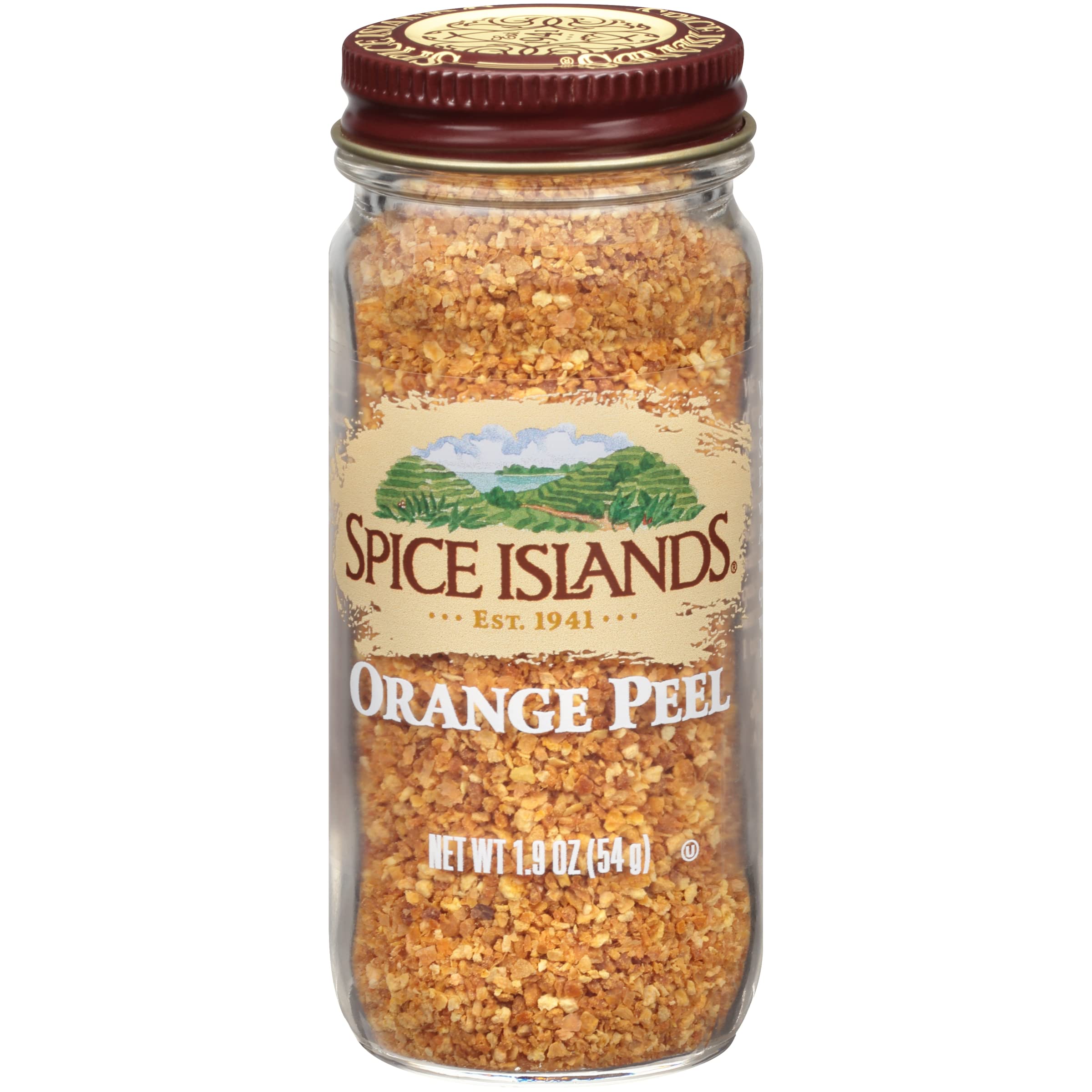 Spice Islands jar front label showing orange peel and product benefit aroma