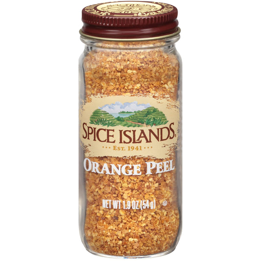 Spice Islands jar front label showing orange peel and product benefit aroma