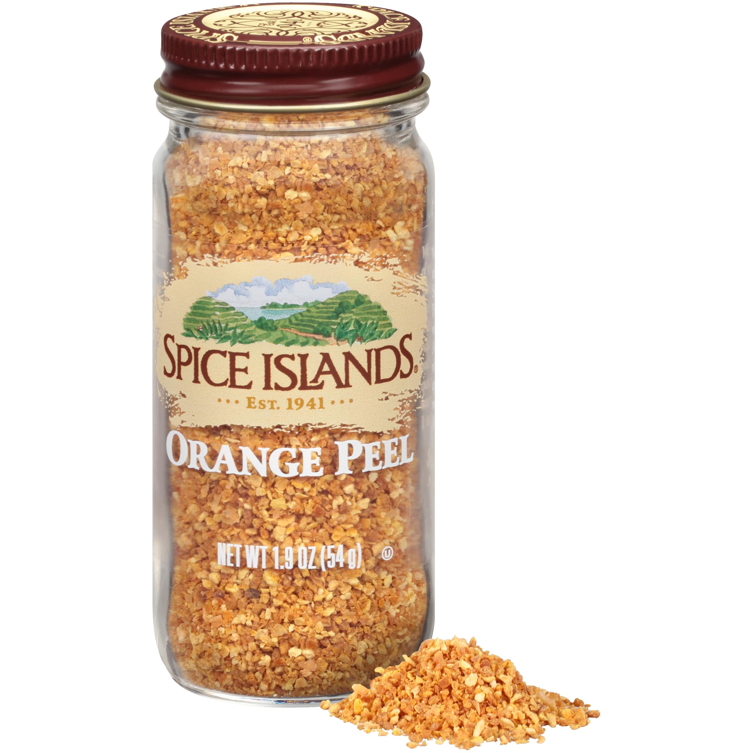 Spice Islands jar open with pinch of orange peel ready to add fragrance