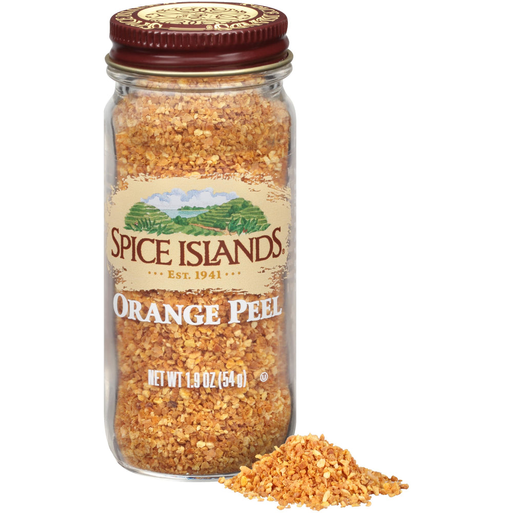 Spice Islands jar open with pinch of orange peel ready to add fragrance