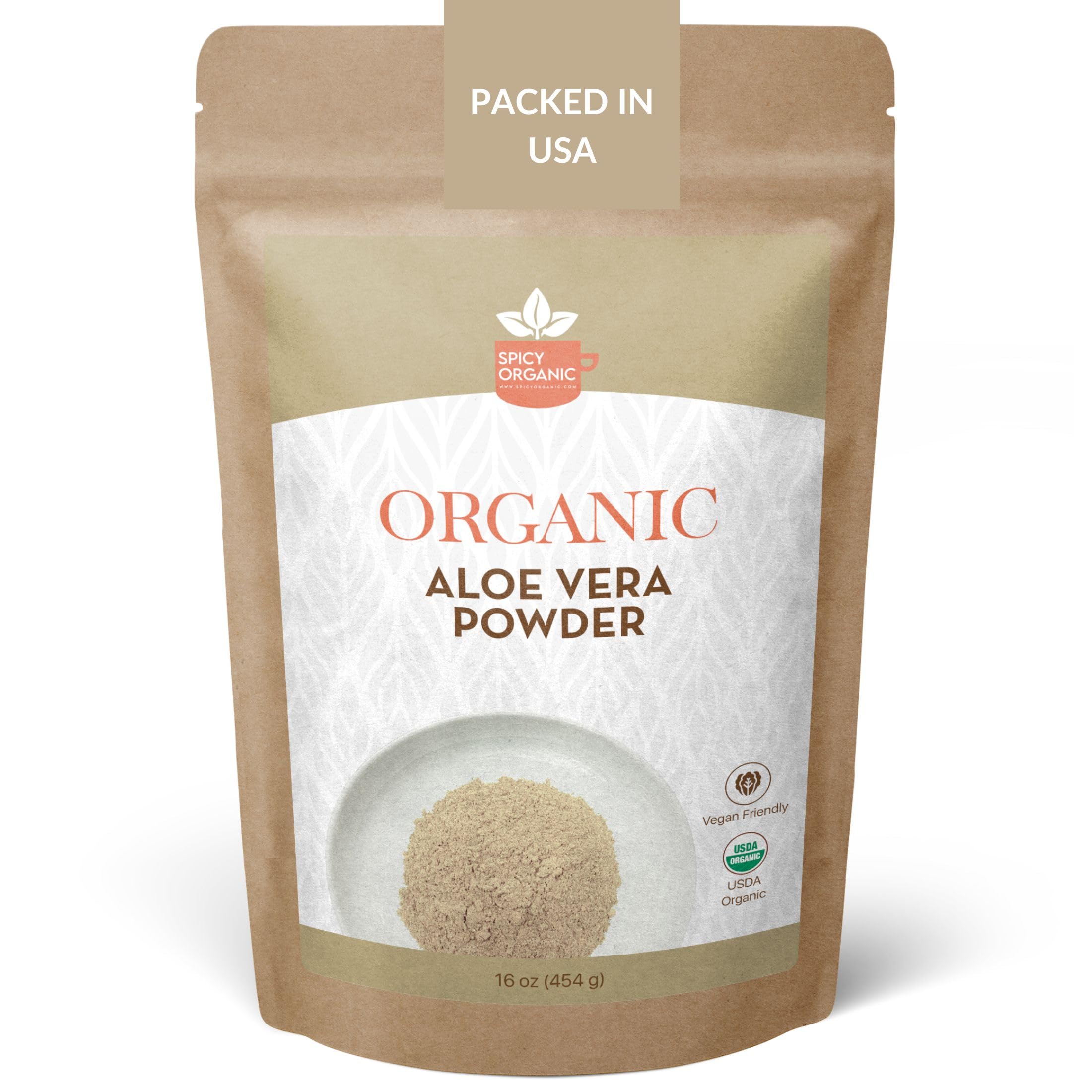 SPICY ORGANIC powder front packaging showing organic branding and weight