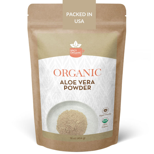 SPICY ORGANIC powder front packaging showing organic branding and weight
