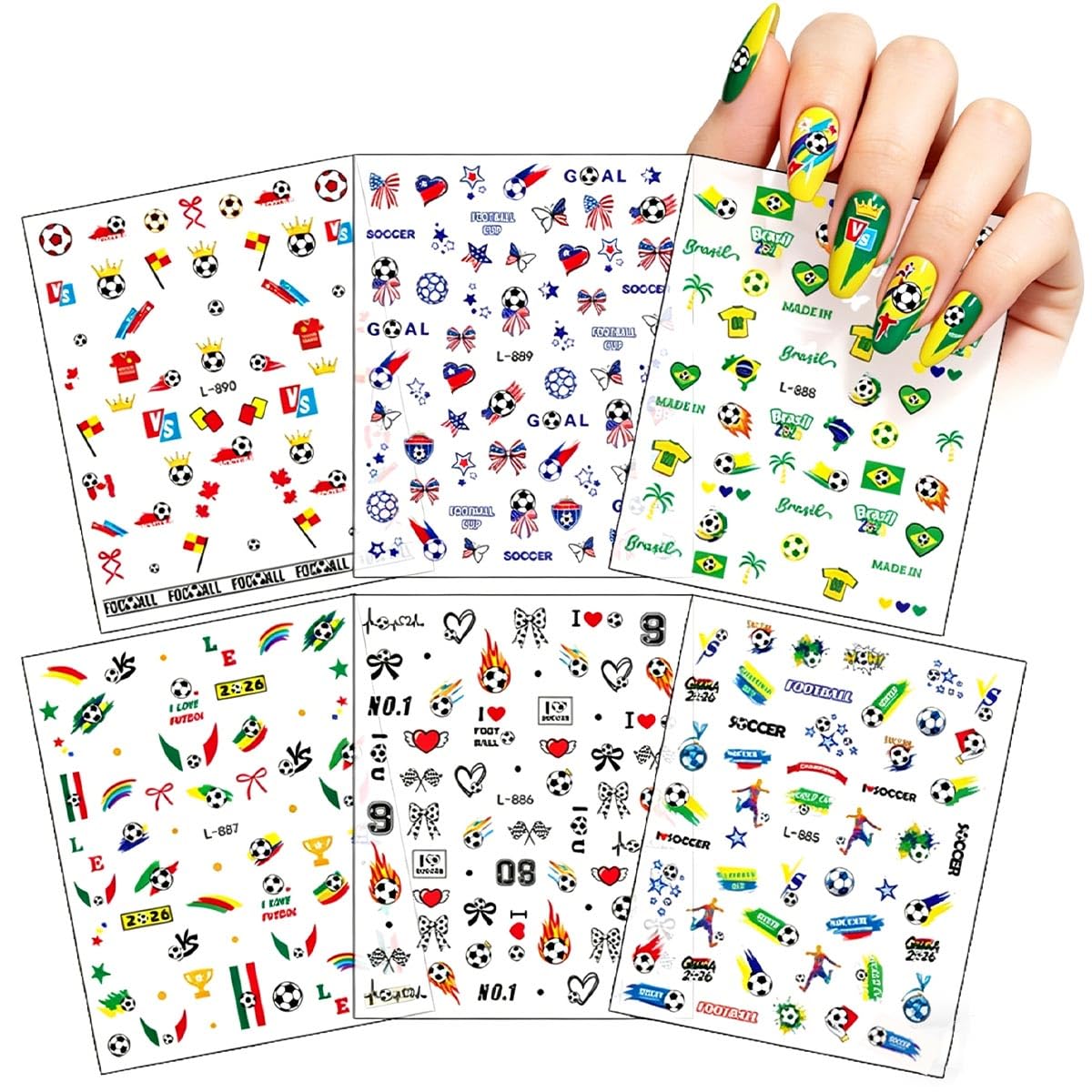 SPNBCQ front packaging showing six soccer nail sticker sheets and benefits