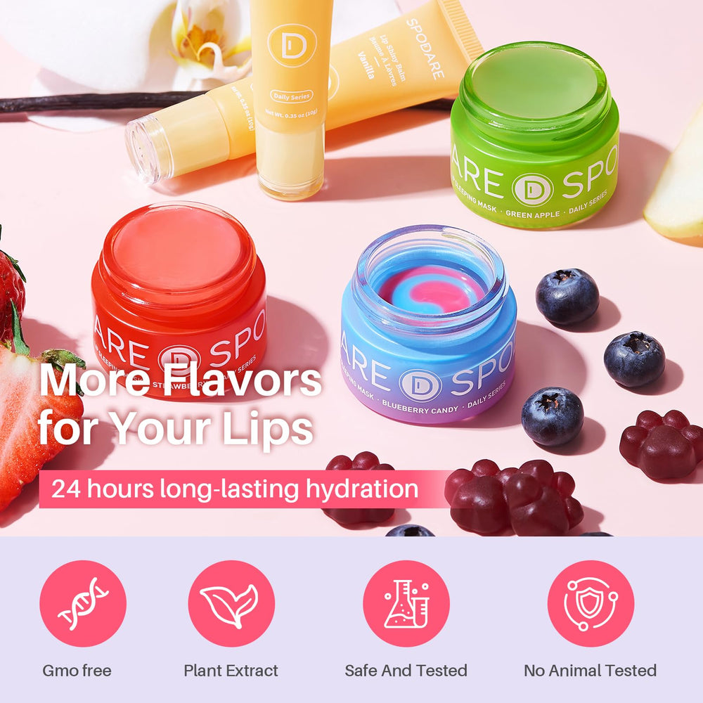 SPODARE lip mask on a nightstand beside pillow showing overnight routine and restorative benefit