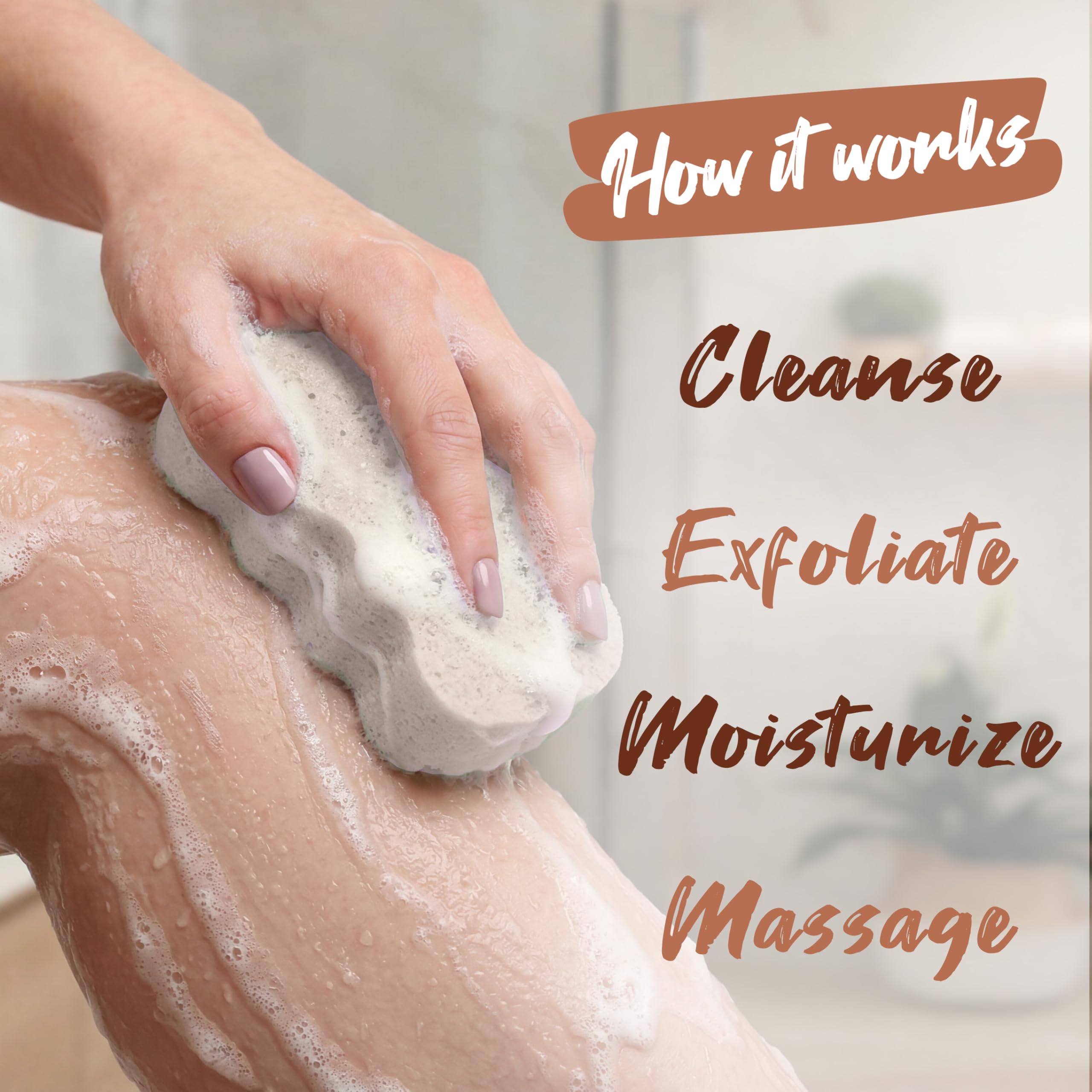 Spongeables in use massaging leg to improve skin texture benefit