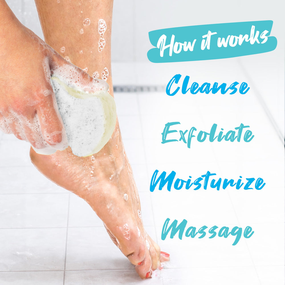 Spongeables in use on foot demonstrating exfoliation and softening