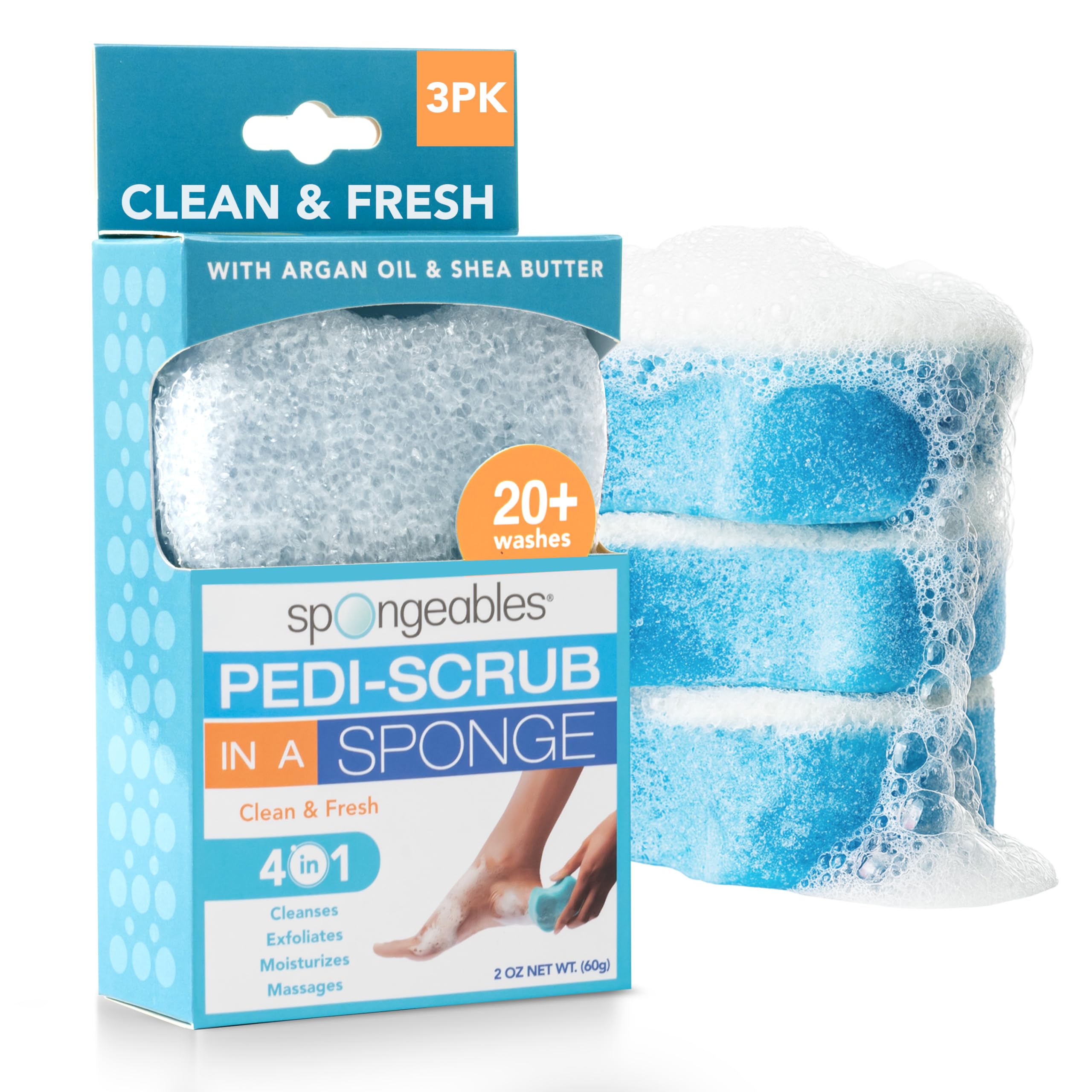Spongeables front packaging showing three Clean & Fresh Pedi Scrub sponges and benefits