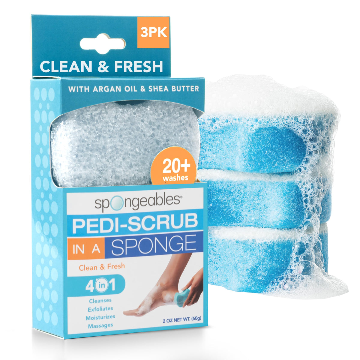 Spongeables front packaging showing three Clean & Fresh Pedi Scrub sponges and benefits