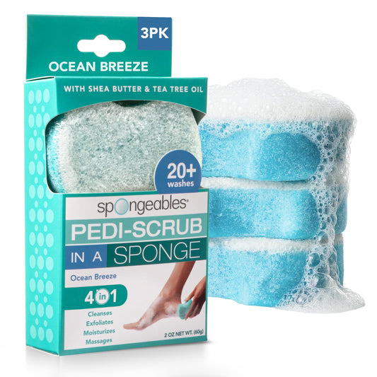 Spongeables front packaging showing three Ocean Breeze pedicure sponges for convenient use