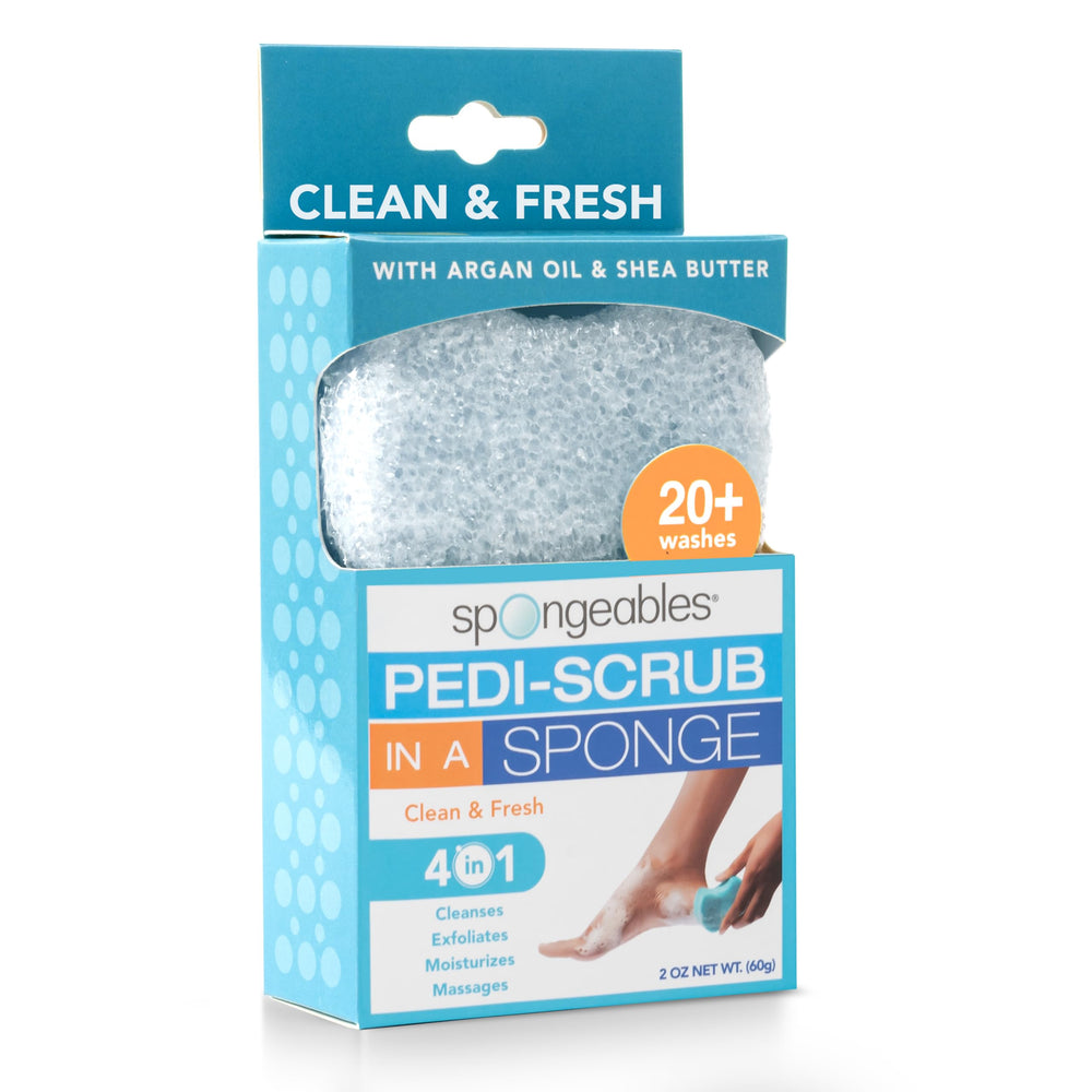 Spongeables front packaging showing single pedi scrub for easy use and convenience