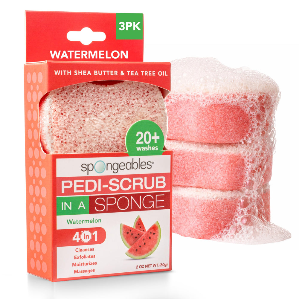 Spongeables front packaging showing three watermelon-scented pedicure sponges and convenience
