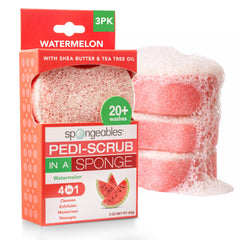 Spongeables front packaging showing three watermelon-scented pedicure sponges and convenience