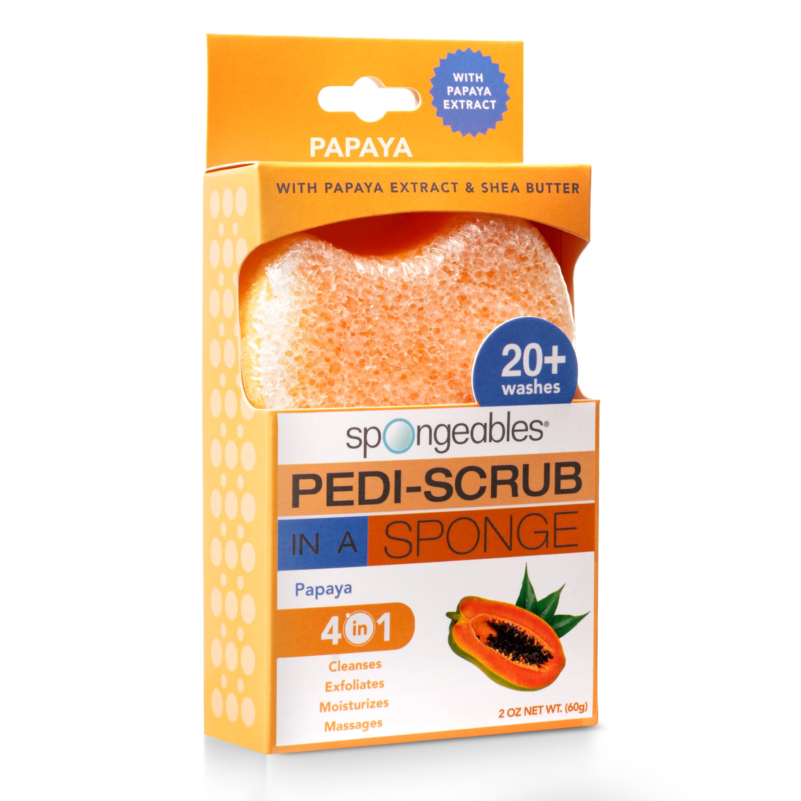 Spongeables Pedi Scrub front packaging showing papaya scent and benefits