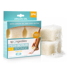 Spongeables front packaging showing two pedicure wash sponges and benefits