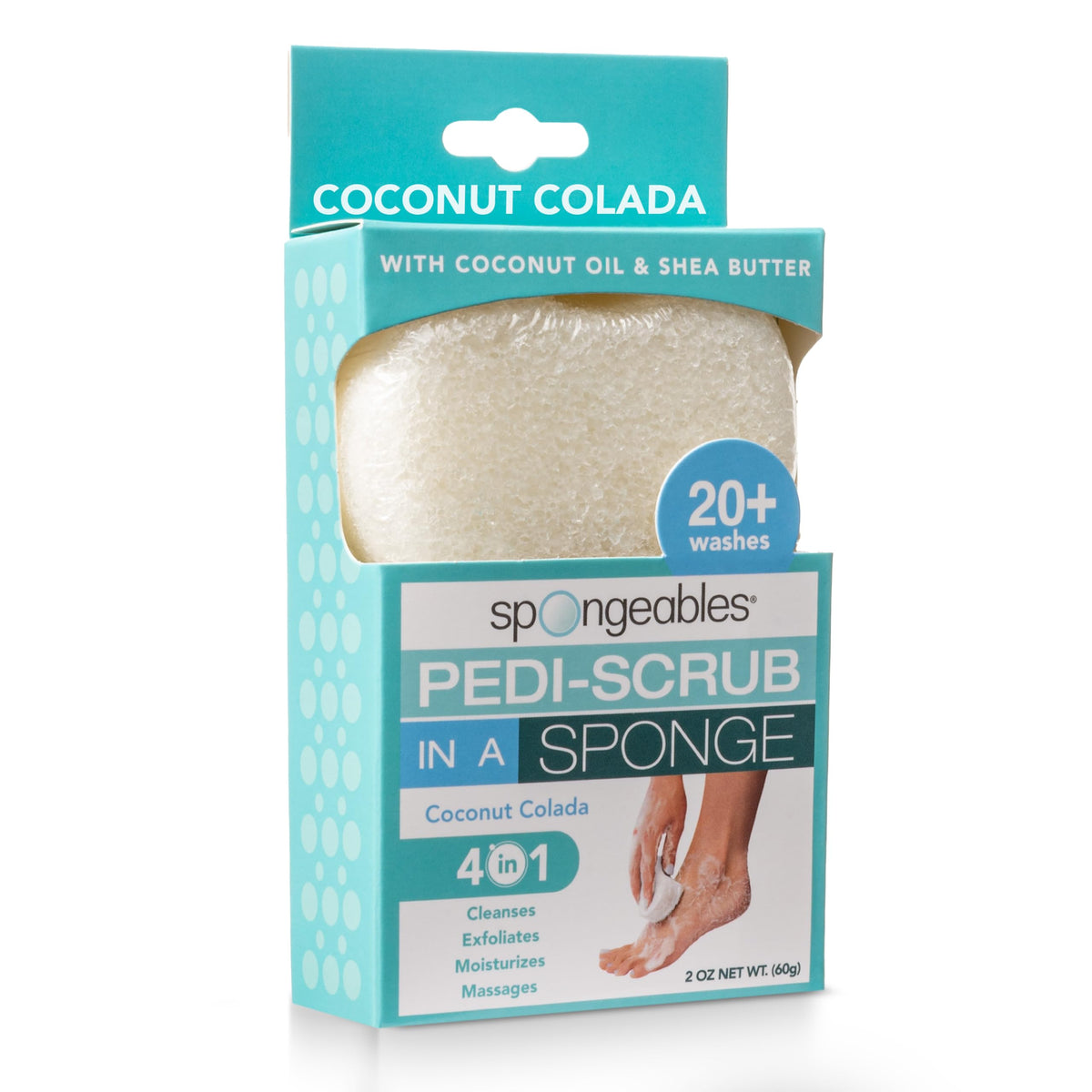 Spongeables Pedi Scrub front packaging showing scent and single-count convenience
