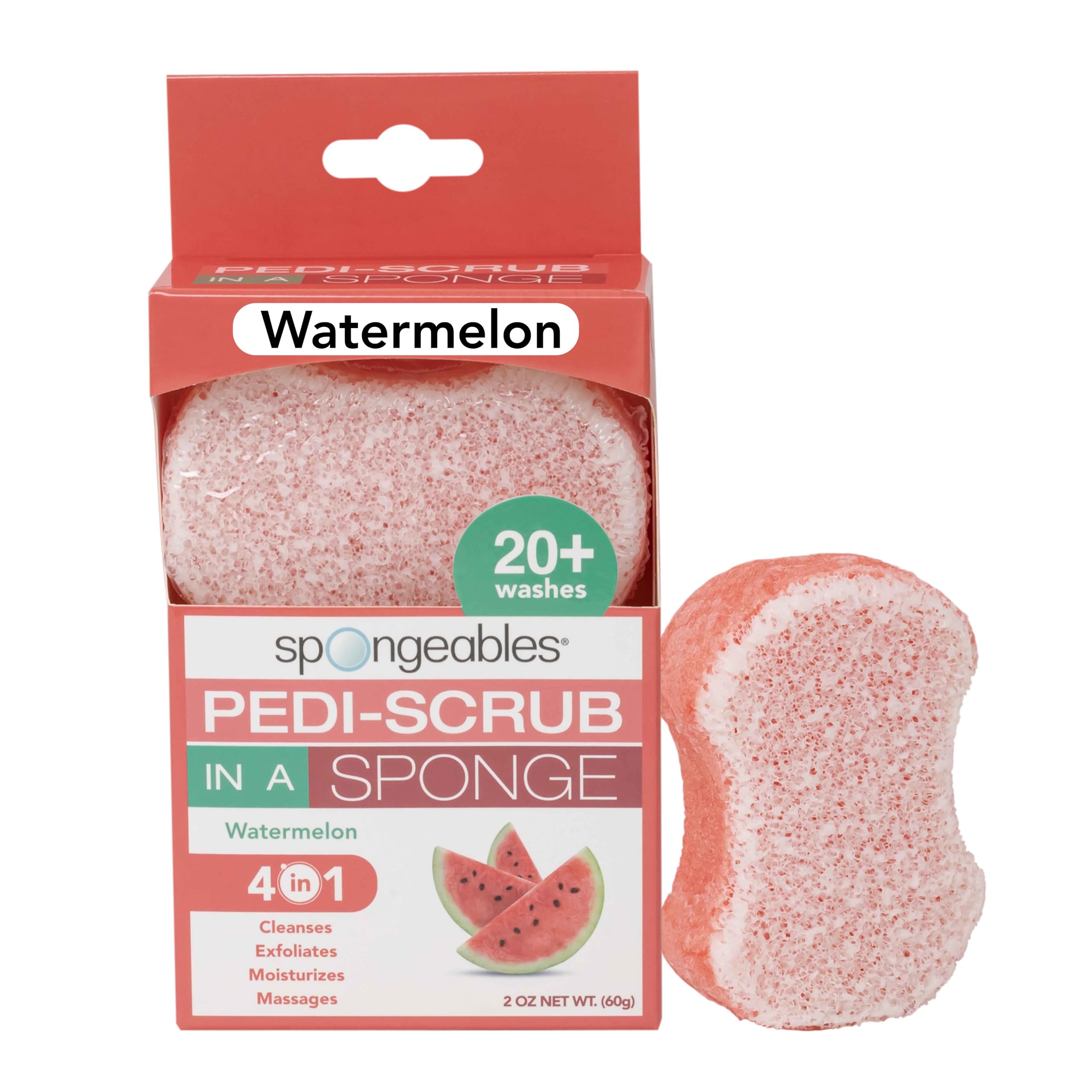 Spongeables Pedi Scrub front view showing watermelon scent and easy-use benefit
