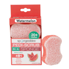 Spongeables Pedi Scrub front view showing watermelon scent and easy-use benefit