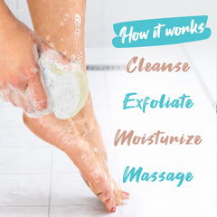 Spongeables Pedi Scrub held in hand to show size and easy travel convenience