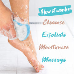 Spongeables in a shower scene demonstrating travel-friendly, single-package foot care