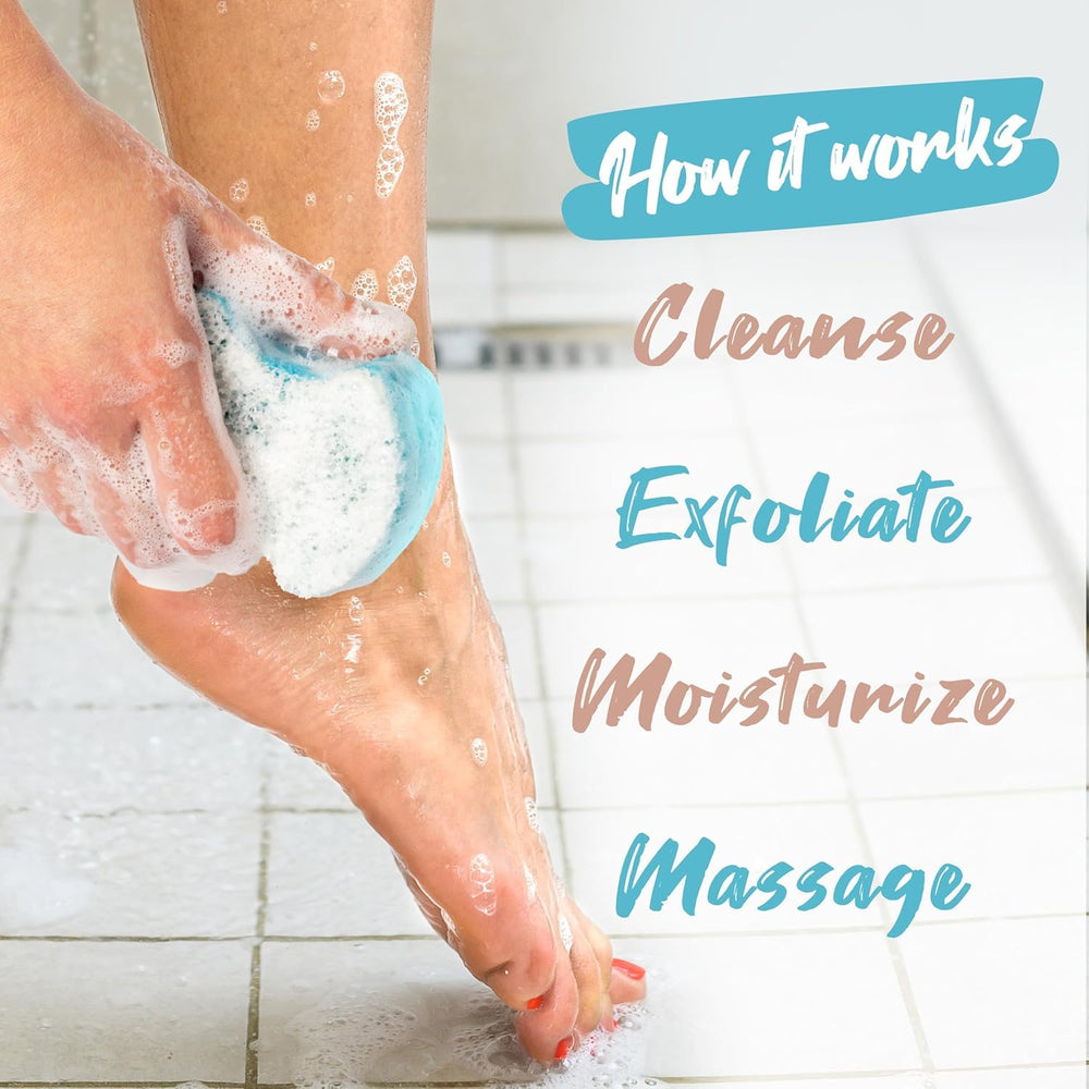 Person using Spongeables Pedi Scrub on heel to soften rough skin and refresh feet