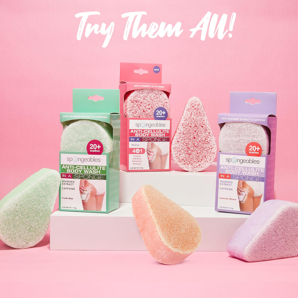 Spongeables on bathroom shelf suggesting spa-like at-home benefit