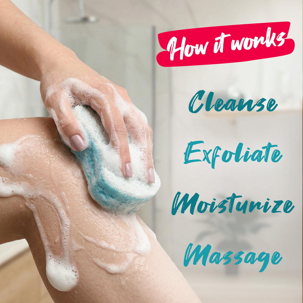 Spongeables showing dual textured sides to cleanse and exfoliate effectively