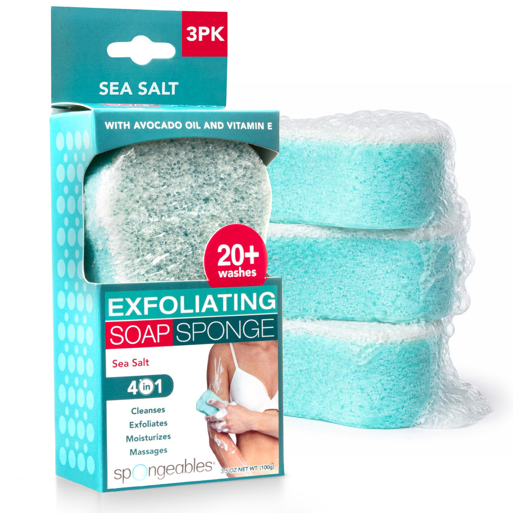 Spongeables sea salt front packaging showing three sponges and product benefits