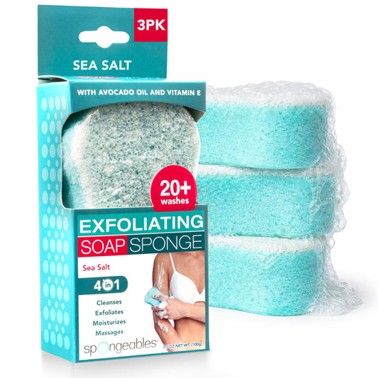 Spongeables sea salt front packaging showing three sponges and product benefits