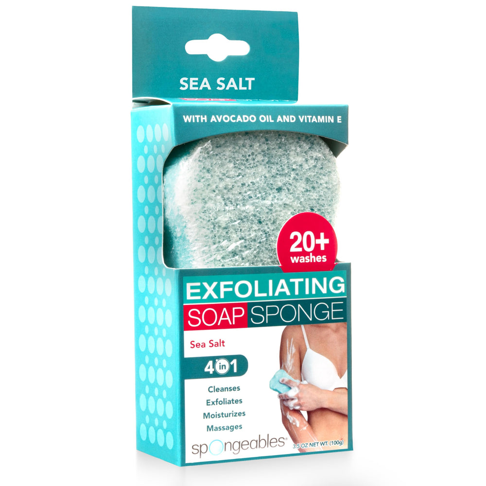 Spongeables front packaging showing sea salt sponge and benefits