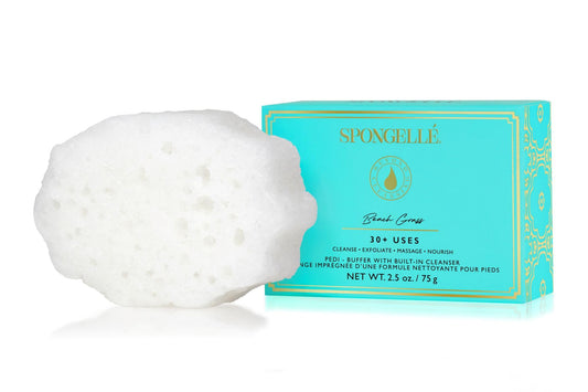 SPONGELLÉ pedi buffer front packaging showing product benefit of exfoliating