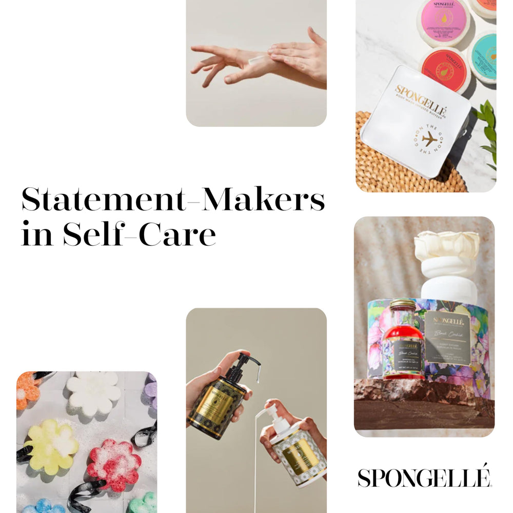 SPONGELLÉ buffer on bathroom shelf conveying spa-like self-care routine