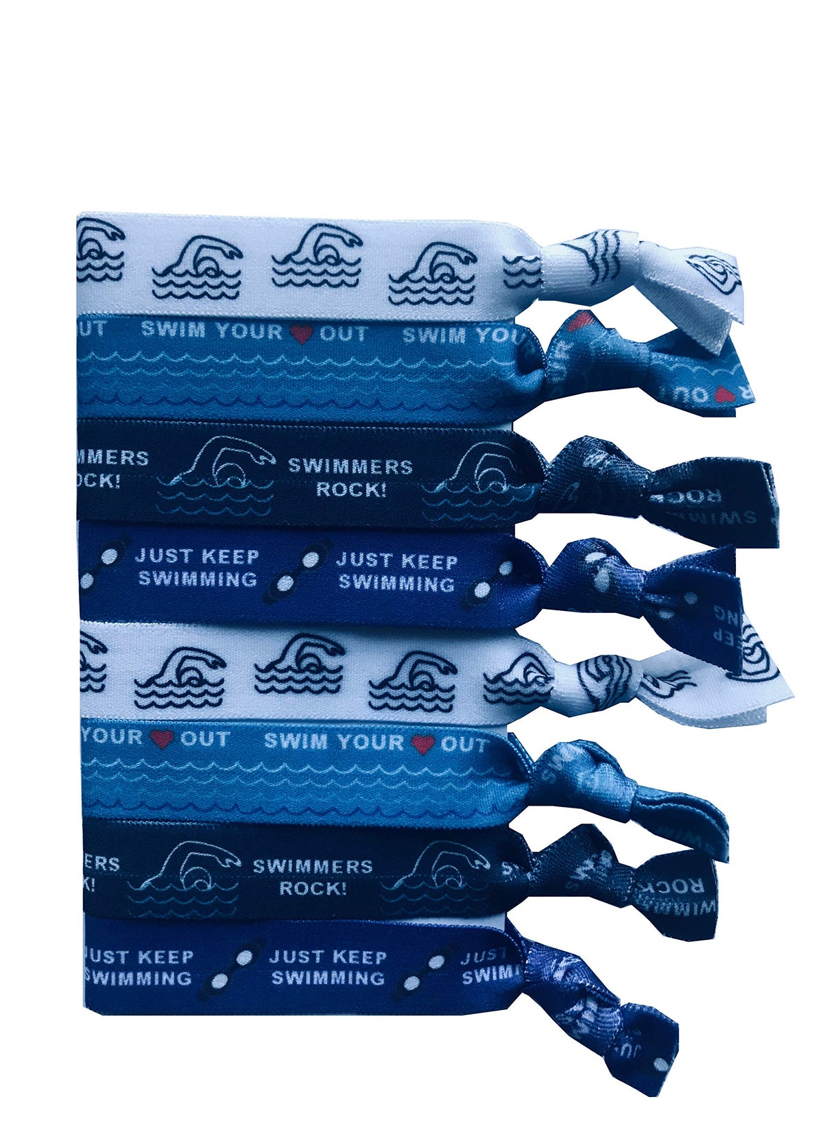 Sportigift front packaging showing eight swim-themed hair elastics, clear gift presentation and team-ready