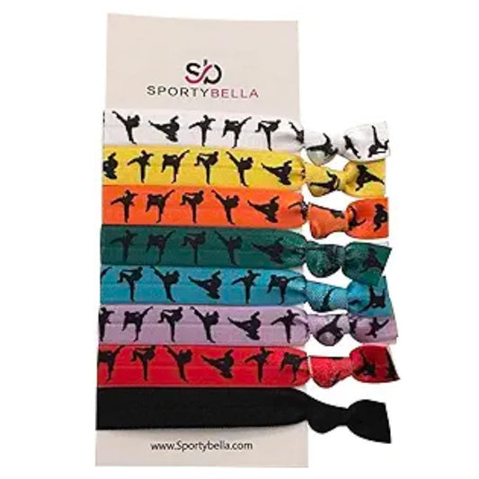 Sportybella front packaging showing eight colorful hair ties and compact pouch for easy carrying