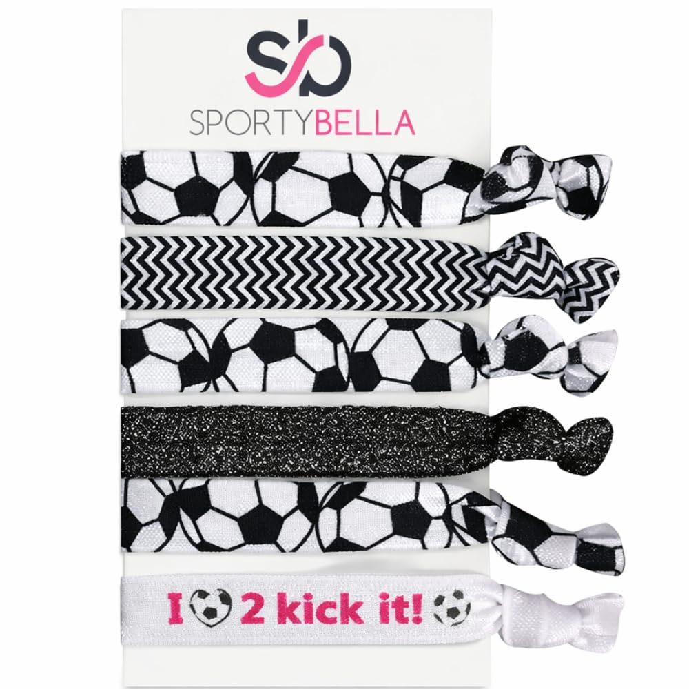 Infinity Collection front packaging showing six SportyBella soccer hair ties, easy gifting