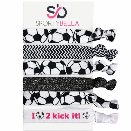 Infinity Collection front packaging showing six SportyBella soccer hair ties, easy gifting
