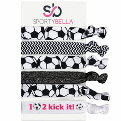 Infinity Collection front packaging showing six SportyBella soccer hair ties, easy gifting