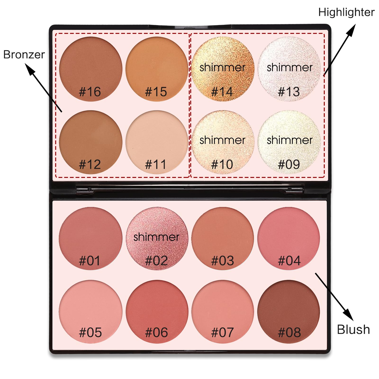 SPRINGSKY color swatches showing blush, highlighter and bronzer range for mixing benefits