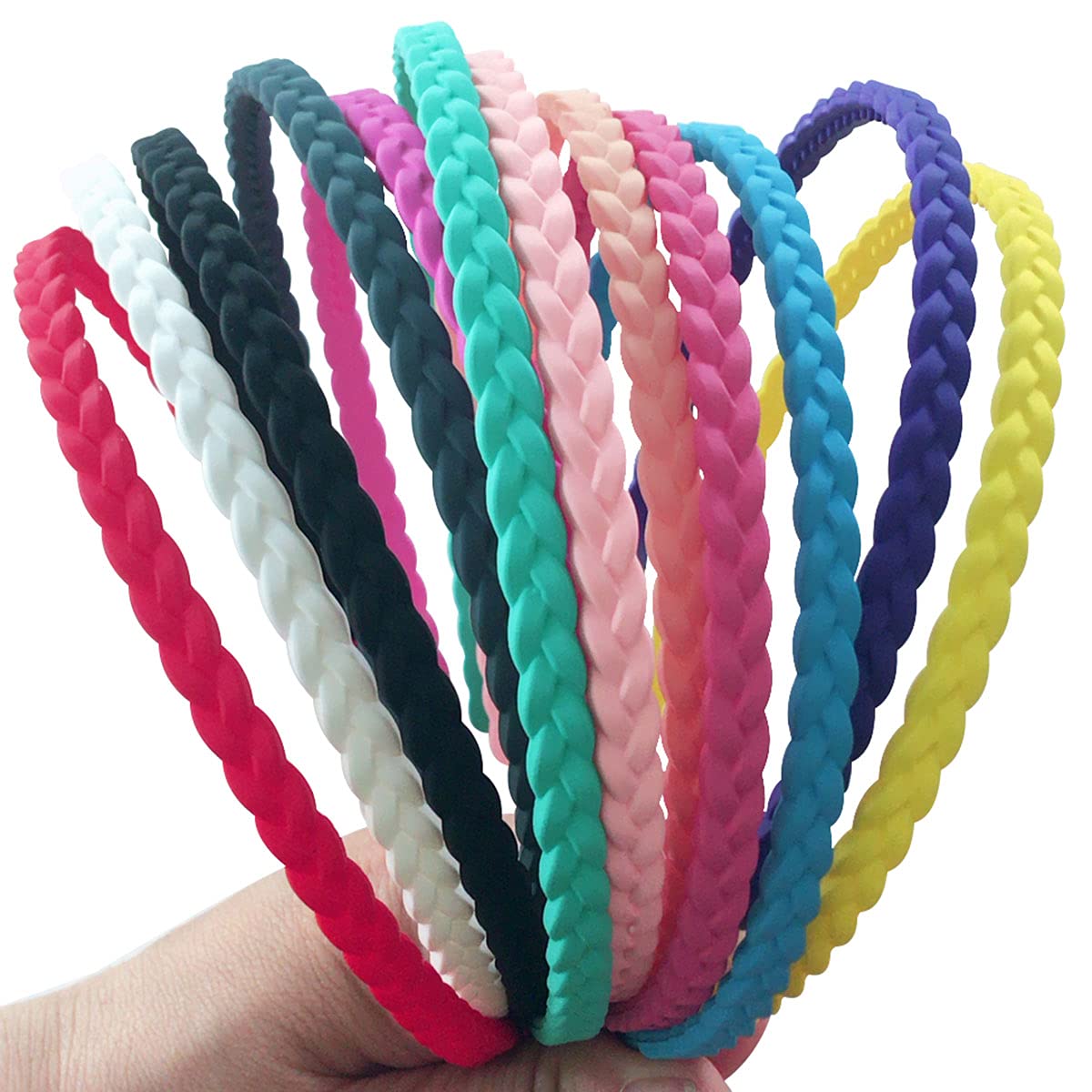 Springtime front view of 12 colorful thin headbands showing full set and packaging benefits