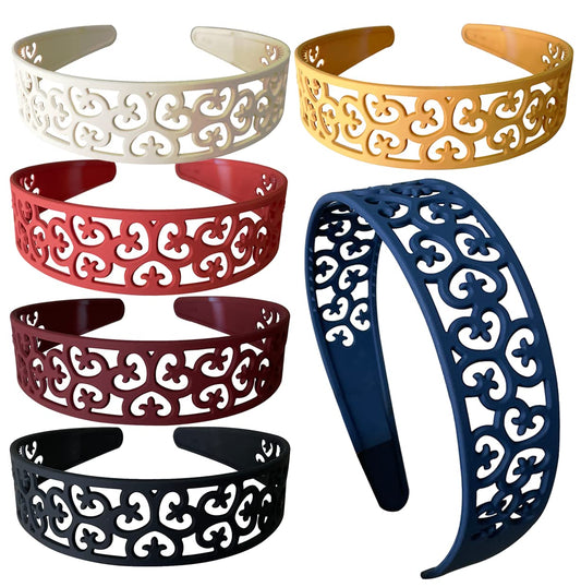 Springtime front view of six wide headbands showing colors and flower style for outfit coordination