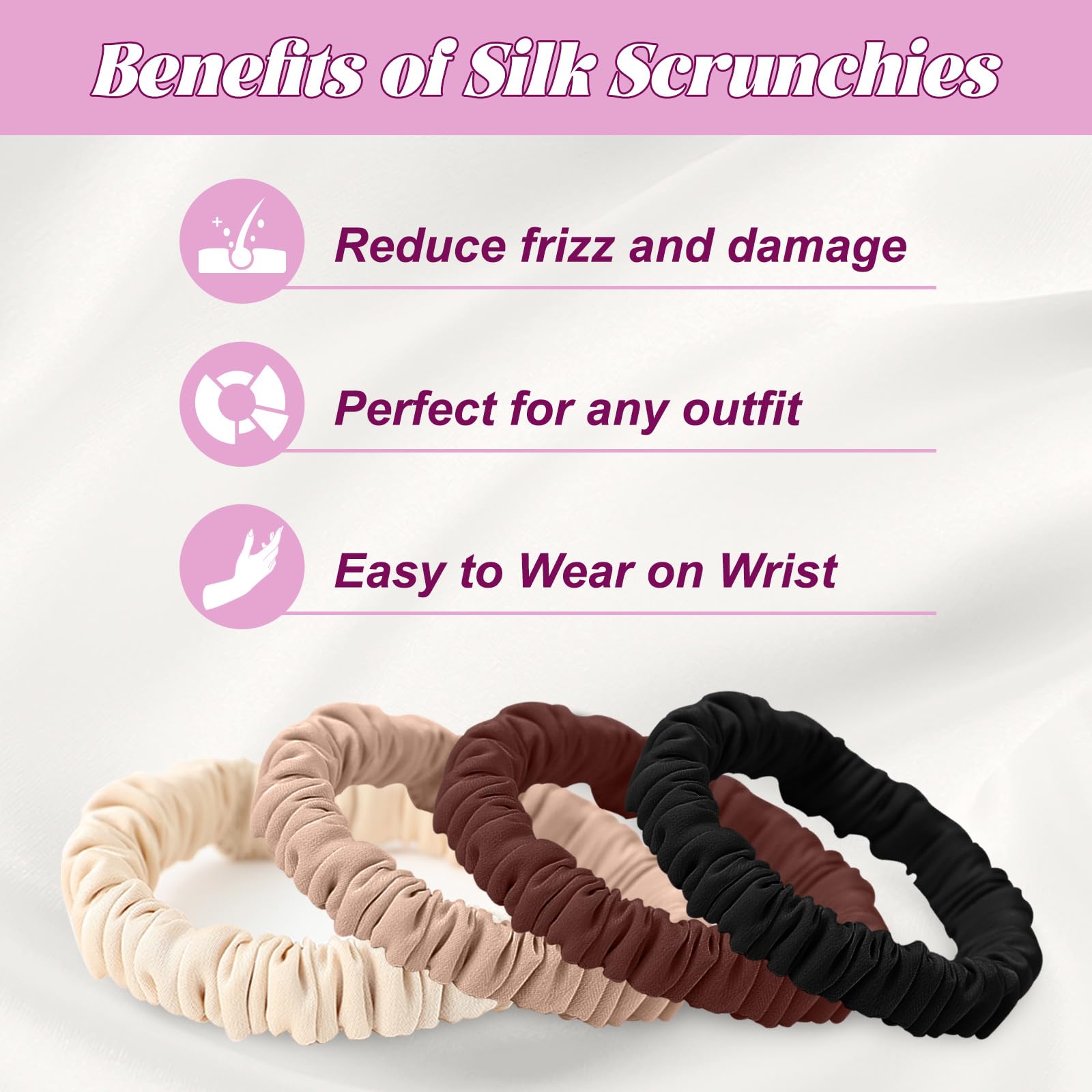 Srevela color comparison flatlay of black, choc brown, nude, champagne gold for styling versatility