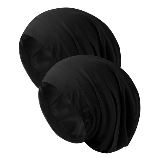 Srevela front view black silk bonnet showing full shape and coverage benefit