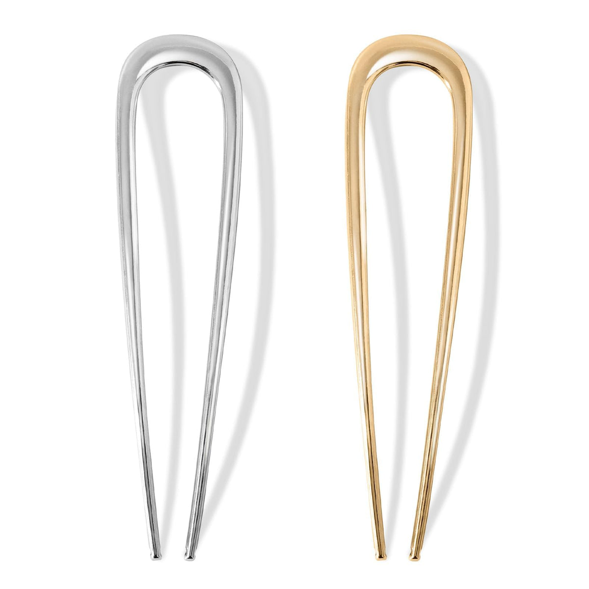 Srevela front view of two-pin set showing gold and silver for versatile styling