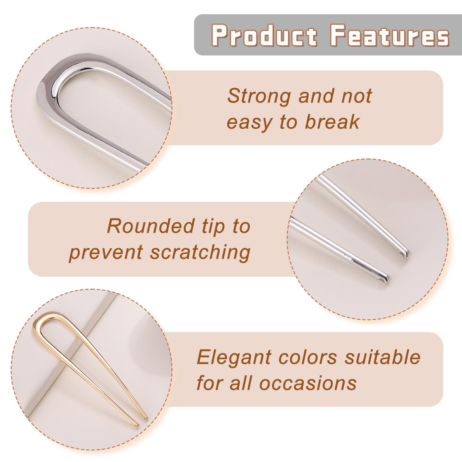 Srevela curved profile of U-shaped pin demonstrating secure hold for buns