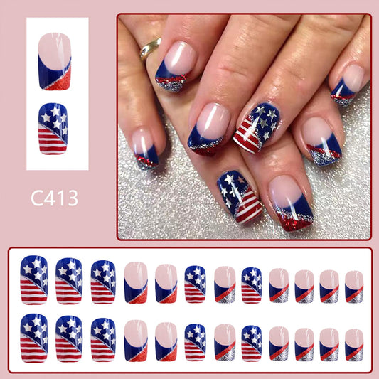 SRIMNUYY close-up of red white blue French tips with stars and silver glitter for festive shine