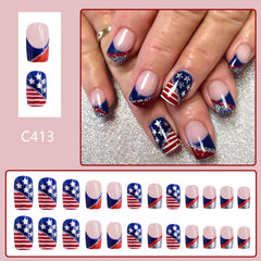 SRIMNUYY close-up of red white blue French tips with stars and silver glitter for festive shine